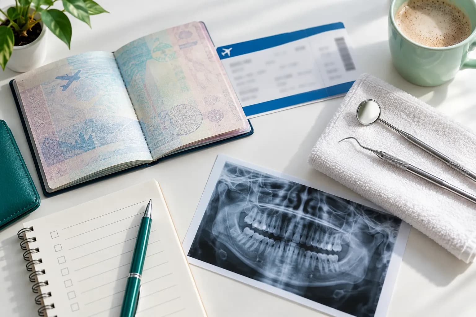 Passport, boarding pass, dental mirror and X-ray laid out for planning dental treatment abroad