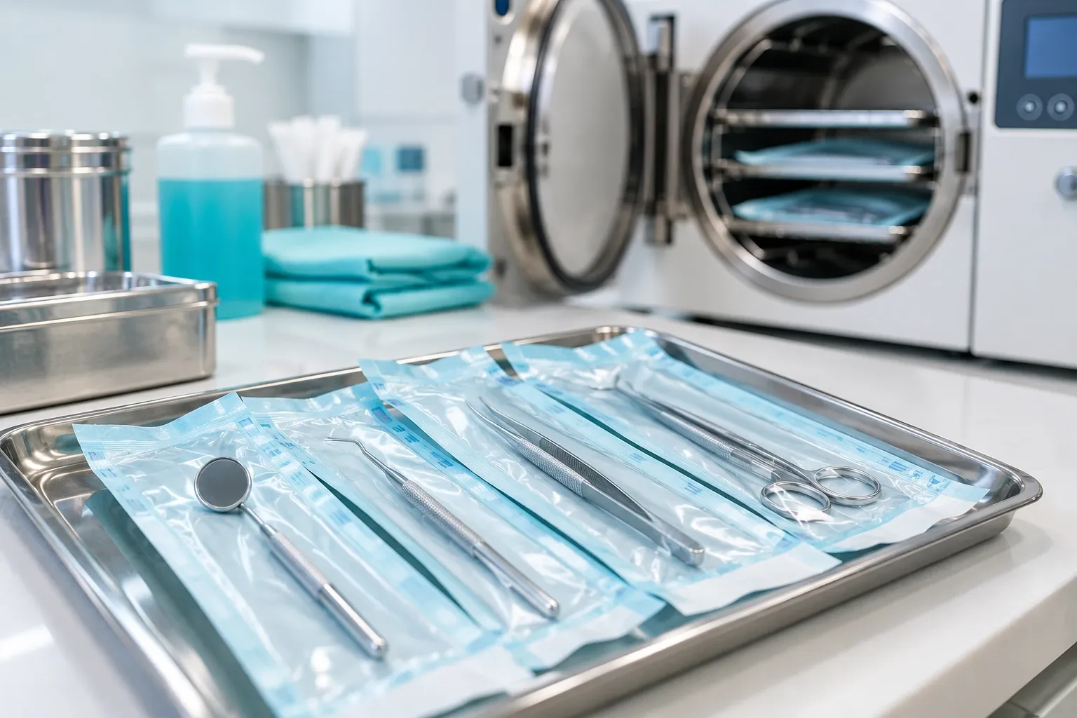 Sterilised dental instruments in sealed pouches beside an autoclave