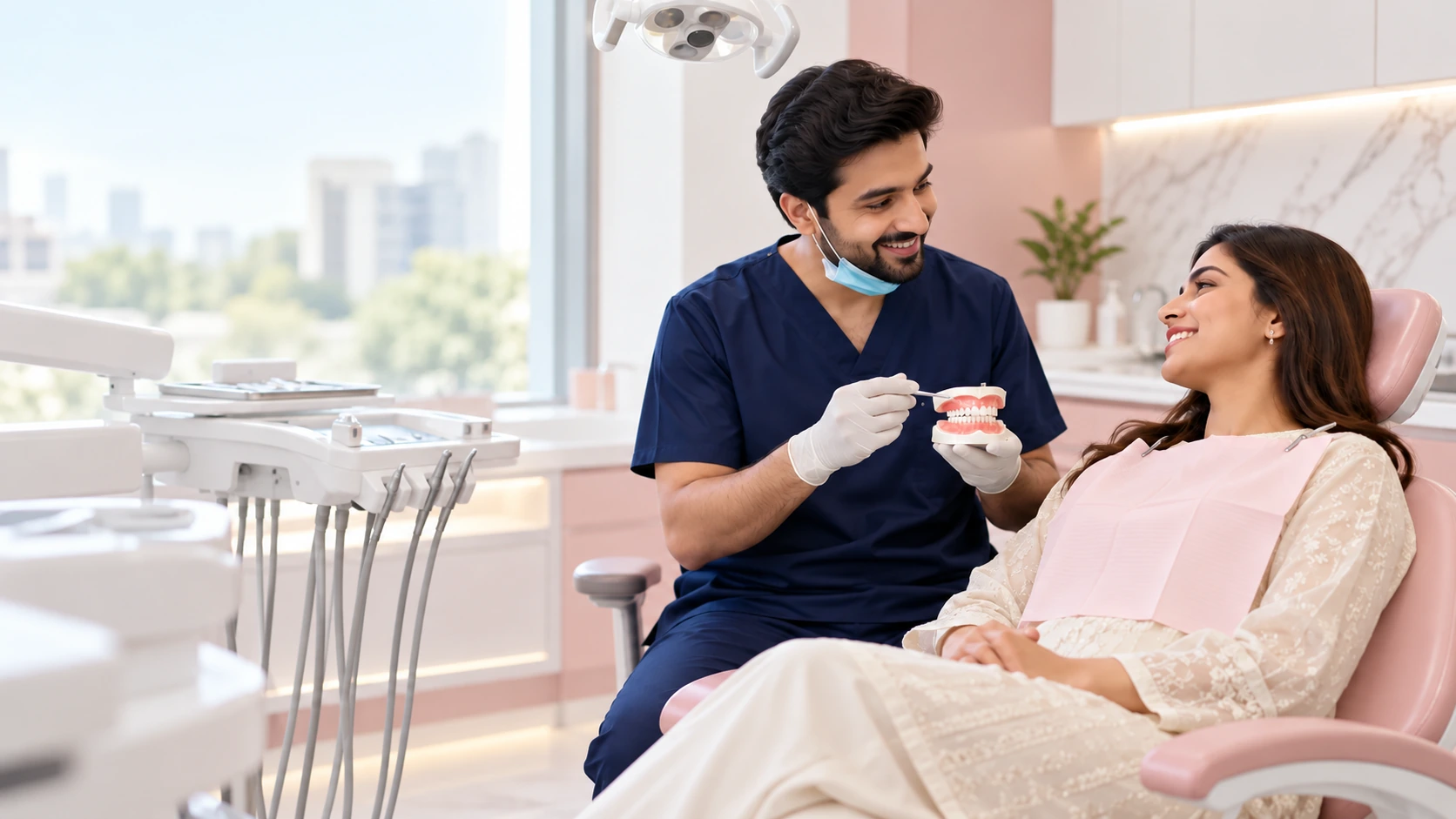 Dentist discussing dental treatment with a patient at Smile by Alkhaleej in Karachi