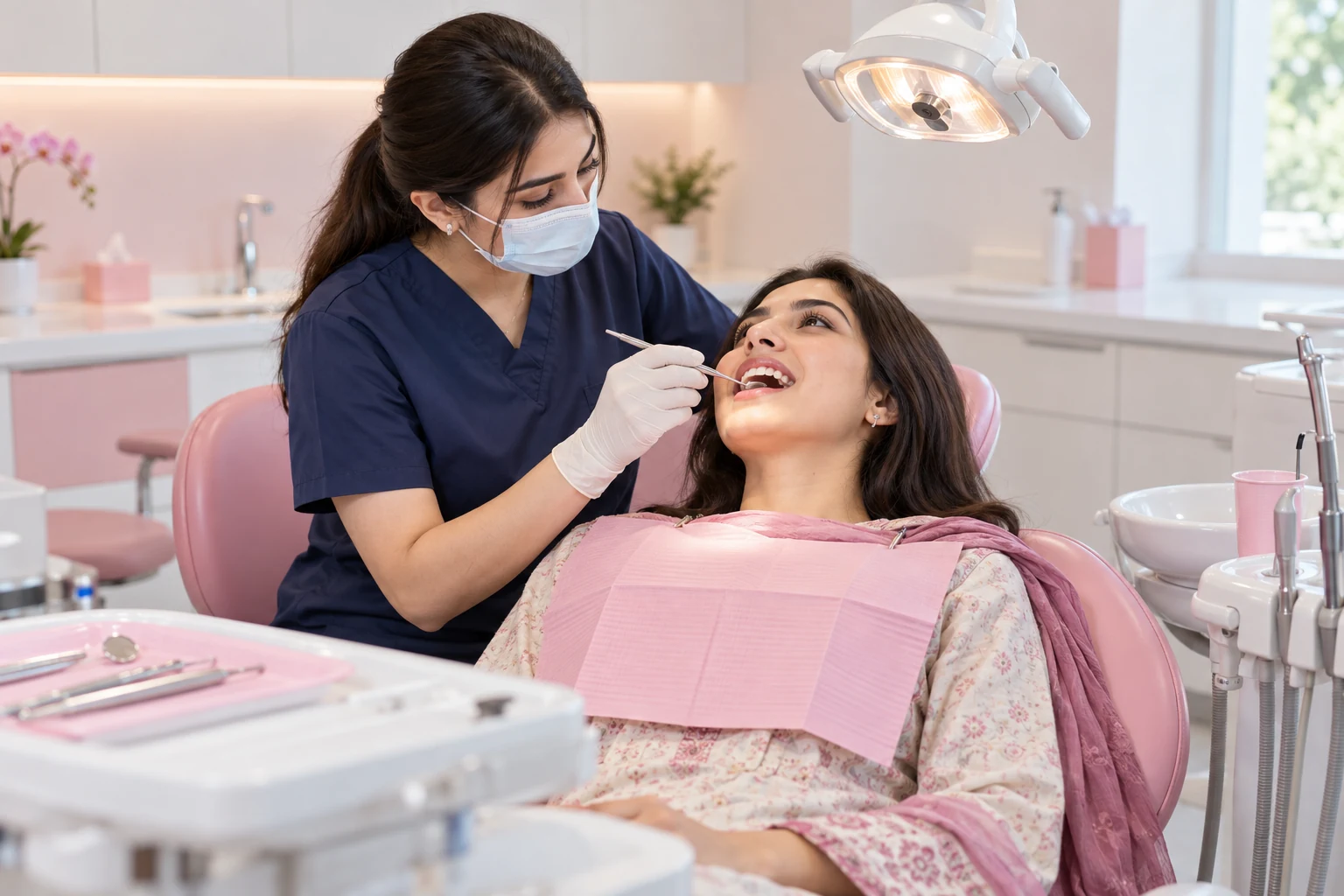 Dentist performing a routine dental checkup for a patient at Smile by Alkhaleej Clinics in Karachi