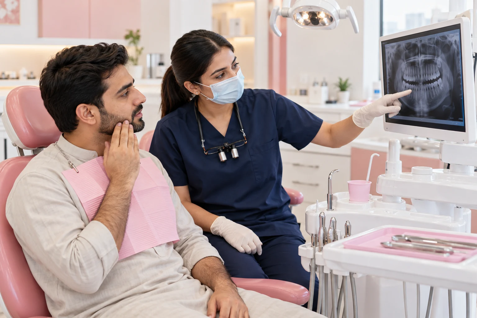 Dentist reviewing a dental X-ray with an emergency tooth-pain patient in Karachi