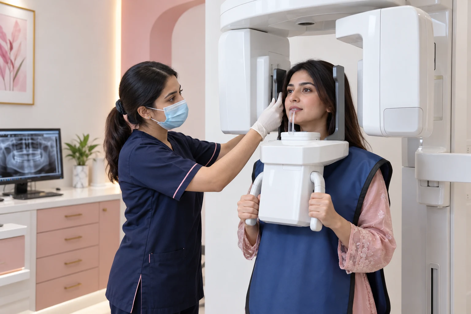 Patient receiving a panoramic OPG dental X-ray before wisdom tooth treatment in Karachi