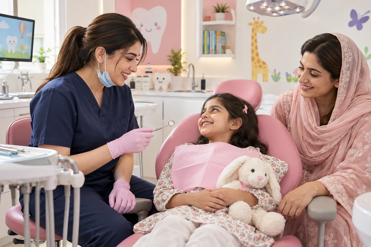 Pediatric dentist welcoming a child and parent in a child-friendly dental room in Karachi
